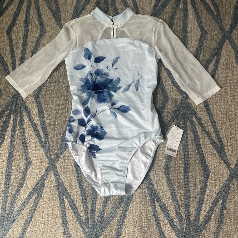 Light Blue Floral One-Piece Leotard with Sheer Sleeves